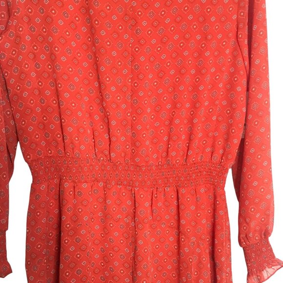 Boho Handkerchief hem Dress Women Large 12/14 red Orange print Long Sleeve - Picture 6 of 16